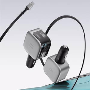 Cuktech CC903P 100W Car Charger with Display and 70cm Retractable USB-C Cable - Gray