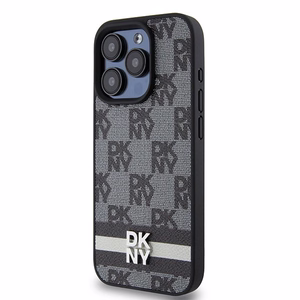 DKNY Ādas rūtainais mono raksts un drukātās svītras viedtālruņa apvalks iPhone 15 Pro - melns