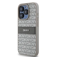 DKNY Ādas mono svītra un metāla logotips viedtālruņa apvalks iPhone 15 Pro - bēšs