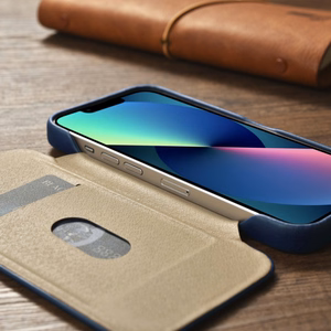 iCarer CE Premium ādas folio vāciņš iPhone 14 Plus ar MagSafe magnētisku flip vāciņu - zilā krāsā