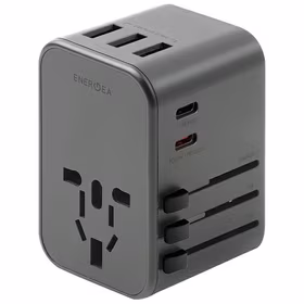 ENERGEA tīkla lādētājs 3xUSB+2xUSB-CPD-PPS-QC 3.0 35.5W 3A2C adapter 4w1 US/UA/EU/UK pelēks/gunmetal Travelworld