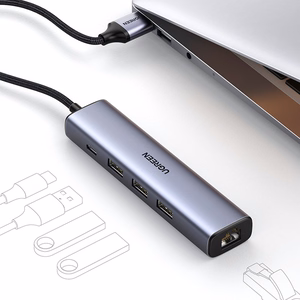 Ugreen CM475 daudzfunkcionāls sadalītājs USB 3.0 - 3x USB / Ethernet RJ-45 / USB Type-C PD - pelēks