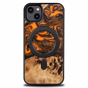 Wood and resin case for iPhone 15 Plus MagSafe Bewood Unique Orange - orange and black