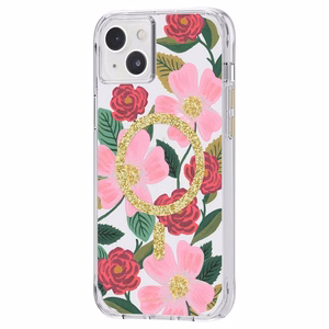 Rifle Paper Clear MagSafe vāciņš ierīcei iPhone 14 Plus, ar zelta krāsas rotājumu, ar “Rose Garden” rakstu
