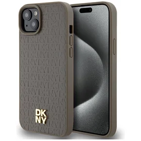 DKNY Ādas raksts metāla logotips Magnētiskais viedtālruņa apvalks iPhone 15 Plus / 14 Plus - brūna