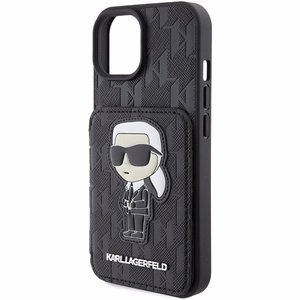 Karl Lagerfeld Saffiano Cardslots and Stand Monogram Ikonik Patch Viedtālruņa apvalks iPhone 15 - melns