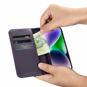 iCarer Viedtālruņa apvalks 2in1 no ādas ar atlokāmu vāciņu Anti-RFID violets iPhone 14 (WMI14220725-DP)
