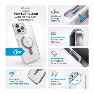 Speck Presidio Perfect-Clear vāciņš ar MagSafe un ClickLock iPhone 16 Pro Max tālrunim, Clear/Chrome
