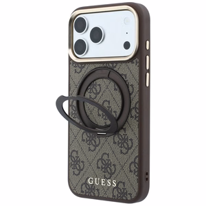 Guess 4G Classic Logo vāciņš modelim iPhone 18 Pro Max / 17 Pro Max, ar 360° gredzenu-statīvu, saderīgs ar MagSafe – brūns