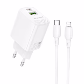 Borofone Lādētājs BN29 USB + Type C - QC 3.0 PD 30W ar Type C uz Lightning kabeli balts