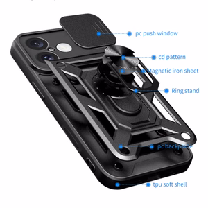 Hybrid Armor Camshield bruņots viedtālruņa apvalks iPhone 16 Plus ar kameras vāciņu un statīvu - melns