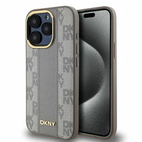 DKNY Ādas rūtainais mono raksts magnētiskais iPhone 15 Pro Max viedtālruņa apvalks - bēšs