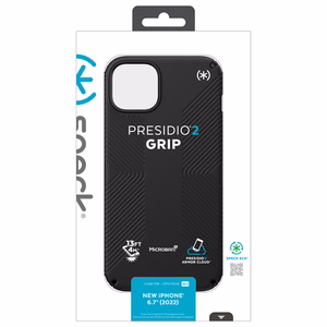 Speck Presidio2 Grip vāciņš ierīcei iPhone 15 Plus / 14 Plus, ar neslīdošu satvērienu, “Black / Black / White” krāsu kombinācija