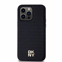 DKNY ādas monogrammas raksta ar metāla logotipu magnētiskais viedtālruņa apvalks iPhone 14 Pro Max – melns