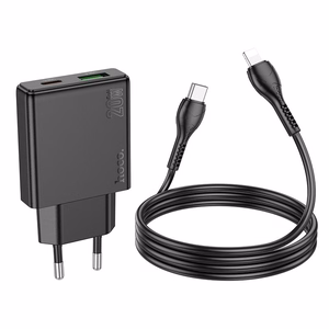 Зарядное устройство для телефона Hoco Slim USB A + USB C QC3.0 PD 3A 20W + кабель USB C to Lightning N38 чёрное