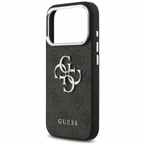 GUESS viedtālruņa apvalks IPHONE 17 Pro GUHCP17LP4G4SMCK (4G PU ādas apvalks ar lielu 4G un klasisko logotipu un sudraba metāla kameras rāmi) melns
