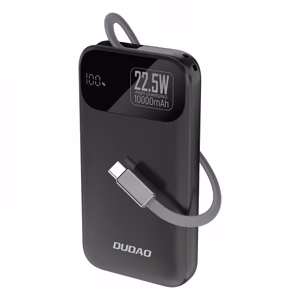 Dudao K31 10000mAh 22.5W PD Portatīvais lādētājs ar iebūvētu kabeli - melns
