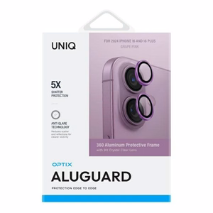 Uniq Optix alumīnija kameras objektīva aizsargstikls ar aplikatoru iPhone 16 / iPhone 16 Plus - rozā