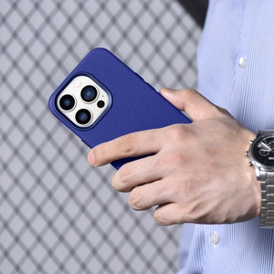 iCarer Litchi Premium ādas apvalks iPhone 14 Pro Magnētiskais ādas apvalks ar MagSafe Tumši zils (WMI14220710-DB)