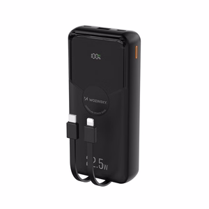 Wozinsky WFC-15B 20000mAh 22.5W ārējais akumulators, PD20W, iebūvēti Lightning un USB-C kabeļi, melns
