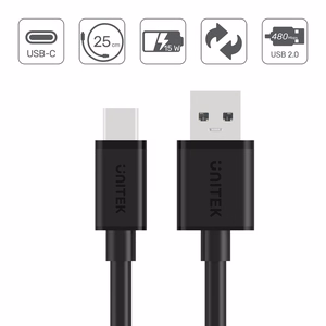 UNITEK USB-A — USB-C kabelis 25CM, Y-C480BK
