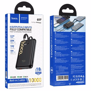 Portatīvais lādētājs Hoco 10000 mAh QC PD 22,5W ar iebūvētiem kabeļiem USB C + Lightning Q37 melns