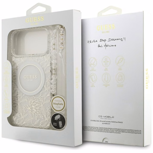 Guess IML Flowers Electro Pearl Strap MagSafe чехол iPhone 17 Pro Max - белый