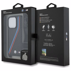 BMW M Edition Carbon Tricolor Lines & Strap Case for iPhone 16 Pro - Black