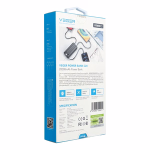 VEGER Portatīvais lādētājs 20000 mAh ar iebūvētu kabeli Micro USB / Type C / Lightning C20 (W2047 / W2059) melns