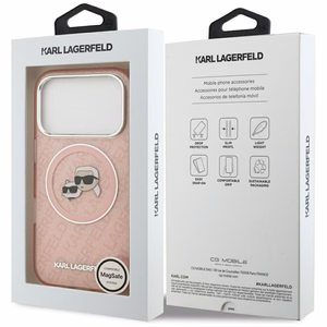Karl Lagerfeld IML mirdzošais Karl & Choupette galvu logotipa magnētiskais viedtālruņa apvalks iPhone 17 Pro - rozā