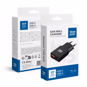 Phone Charger Blue Star Slim GaN USB C + USB A QC4.0 PD 3A 25W TFK-SC-25WAC black
