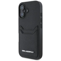 Karl Lagerfeld HC Graudainā PU viedtālruņa apvalks ar kartes slotu un metāla Elong iPhone 16 - melns
