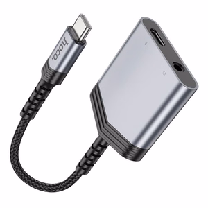 Adapteris AUX 2in1 USB C uz USB C / Jack 3,5 mm Hoco 27W LS39 pelēks