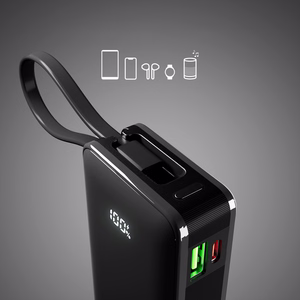 Внешний аккумулятор SBS 10000 mAh 20W со встроенным кабелем USB-C и цифровым дисплеем - чёрный