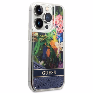 Guess GUHCP14LLFLSB iPhone 14 Pro 6.1 zils / zils kietais viedtālruņa apvalks Flower Liquid Glitter