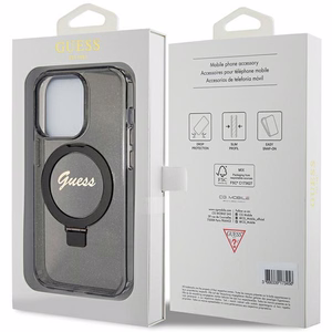 Guess viedtālruņa apvalks ar statīvu Ring Stand Script Glitter magnētiskais iPhone 15 Pro - melns