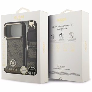 Guess 4G Strass Logo & Big Strap Metal Buttons Magnētiskais viedtālruņa apvalks iPhone 17 Pro - brūns