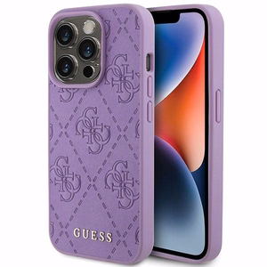 Guess Ādas 4G Reljefs viedtālruņa apvalks iPhone 15 Pro - violets