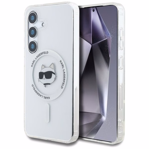 Viedtālruņa apvalks Karl Lagerfeld Poga Choupette Galva Drukāts Logotips Magnētiskais Samsung Galaxy S25 balta