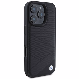 BMW Signature Ādas Apvalks ar Līniju Rakstu iPhone 16 Pro - Melns