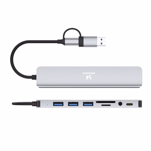 Pelēks 8-in-1 USB centrmezgls Wozinsky WAH-81 ar USB 3.0, SD karšu lasītāju un audio izeju