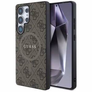 Guess Ādas 4G Krāsains Gredzens Klasiskais Logotips Magnētiskais Viedtālruņa apvalks Samsung Galaxy S25 Ultra brūna