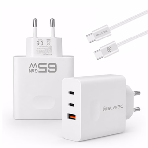 Blavec sienas lādētājs BC-11 GaN - USB + 2xType C - QC PD 65W 3A ar Type C uz Type C kabeli (TCBC11G-U2CW653A) balts