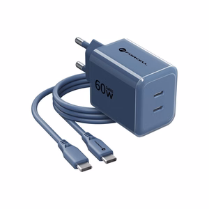 Tālruņa lādētājs Forcell F-Energy GaN III Crystal Color, 2x USB C, AVS, SSFC3.0, 60W + silikona kabelis USB C uz USB C VT-60, tumši zils