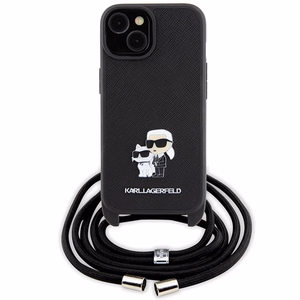 Karl Lagerfeld krustveida Saffiano metāla piespraude Karl & Choupette viedtālruņa apvalks iPhone 15 Plus - melns