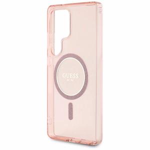 Guess Glitter Circle Classic Logo Magnētiskais viedtālruņa apvalks Samsung Galaxy S25 Ultra rozā
