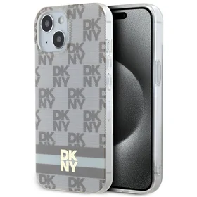 DKNY IML rūtainais mono raksts un drukātas svītras Magnētiskais viedtālruņa apvalks iPhone 15 Plus / 14 Plus - bēša