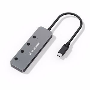Pelēks alumīnija 4 × USB-A 3.0 centrmezgls Wozinsky WHS080YSS ar atsevišķiem slēdžiem un 15 cm USB-C kabeli