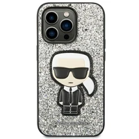 Karl Lagerfeld KLHCP14LGFKPG iPhone 14 Pro 6.1 cietais viedtālruņa apvalks sudraba mirdzošas pārslas Ikonik