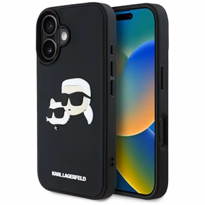 Karl Lagerfeld HC 3D gumijas dubultgalvu iPhone 16 viedtālruņa apvalks - melns